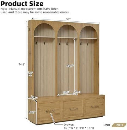 Merax Farmhouse Wood Hall Tree with Shoe Bench and 3 Drawers, Natural