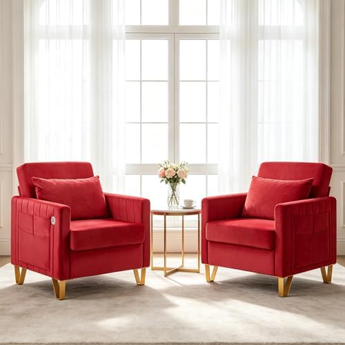 Accent Chair Set of 2 Modern Velvet Accent Chair with USB Port and Storage Comfy Reading Chair Armchair with Throw Pillow for Living Room Apartment Office (Rose Red)
