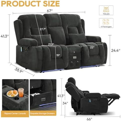 IPKIG Power Loveseat Recliner Sofa with Flip Back Console, 67" - 3 Seat