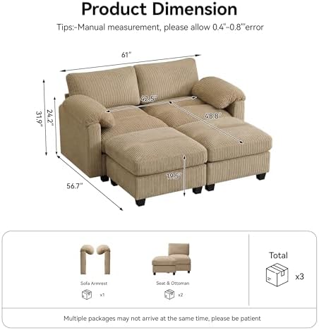 Modular Sectional Sofa, 61'' Corduroy Deep Seat Couch with 2 Ottoman, Camel
