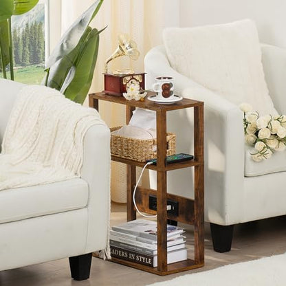 YUFAM 3-Tier Narrow Bedside Table with Charging Station, Skinny Nightstand