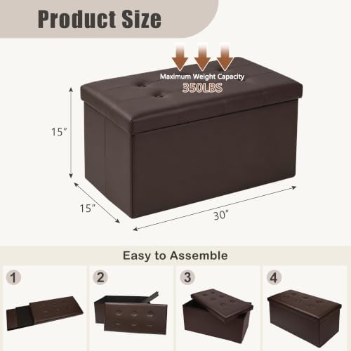 30 Inches Folding Storage Ottoman Bench, Faux Leather Footstool Ottoman, Storage Trunk Footrest for Bedroom, Living Room and Hallway, Support 350lbs, Brown(Brown line)