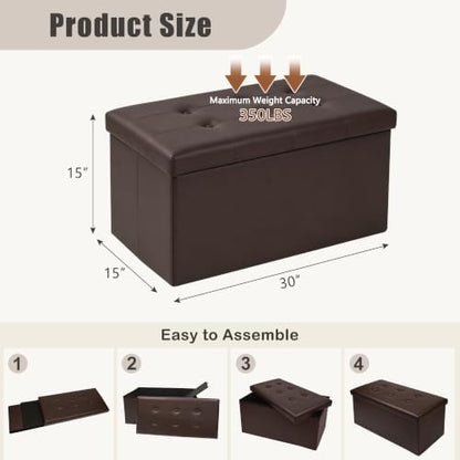 30 Inches Folding Storage Ottoman Bench, Faux Leather Footstool Ottoman, Storage Trunk Footrest for Bedroom, Living Room and Hallway, Support 350lbs, Brown(Brown line)