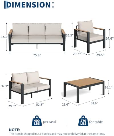 Garvee Aluminum Patio Furniture Set 4 Seats with Coffee Table