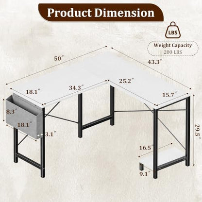 Alpen L Shaped Gaming Desk, Small Computer Desk, 50 Inch Wide Corner Desk, Work from Home Desk, Study Table for Bedrooms, PC Writing Table with Storage and Reversible Shelf, White