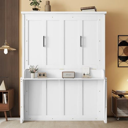 MERITLINE Queen Murphy Bed with Desk, Solid Wood Vertical Murphy Wall Bed Cabinet with Storage Shelves Space-Saving Hidden Bedframe (White,Queen)