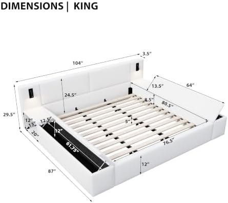 Merax Bouclé Upholstered Platform Bed with Headboard, Hidden Storage,White