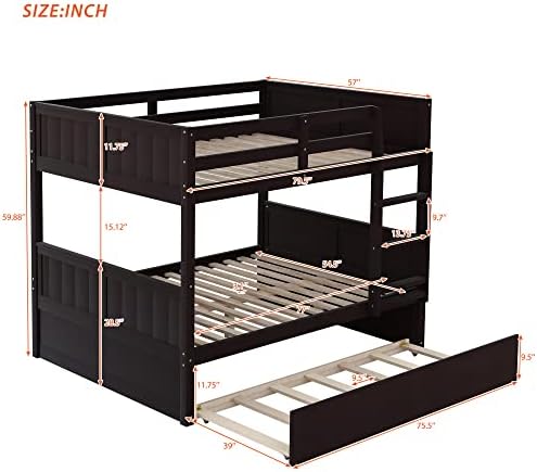 Merax Trundle Bunk Bed, Full Over Full Wood Bunk Bed with Twin Size Trundle, Guardrail and Ladder, Can be Separated into 2 Beds, Espresso
