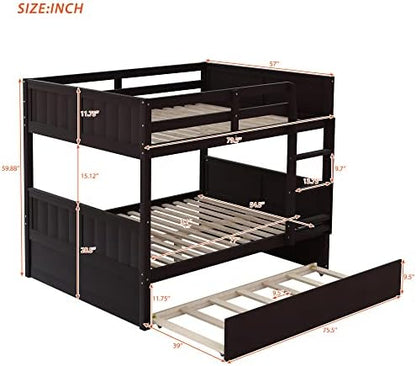 Merax Trundle Bunk Bed, Full Over Full Wood Bunk Bed with Twin Size Trundle, Guardrail and Ladder, Can be Separated into 2 Beds, Espresso