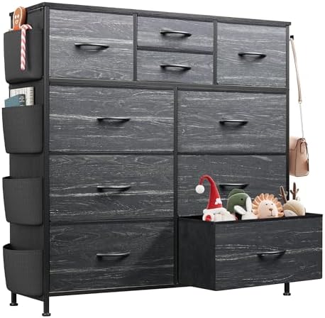 WLIVE 10 Drawer Fabric Dresser for Bedroom, Side Pocket & Hooks, Charcoal