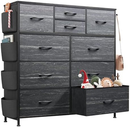 WLIVE 10 Drawer Fabric Dresser for Bedroom, Side Pocket & Hooks, Charcoal