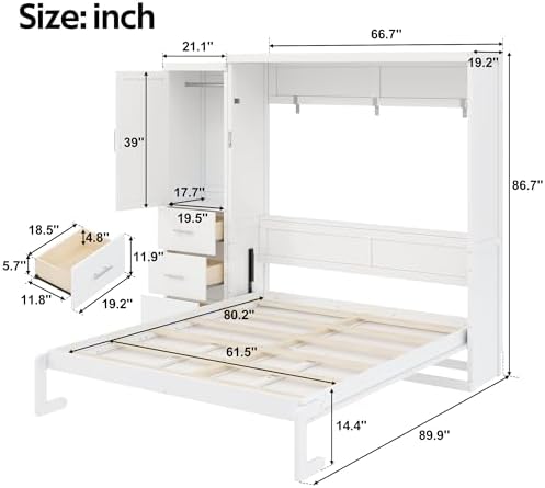 MERITLINE Queen Murphy Bed with Storage Drawers and Wardrobe,Solid Wood Farmhouse Horizontal Murphy Wall Bed Cabinet with Drawers for Bedroom Office Guest Room, Foldable