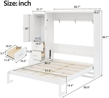 MERITLINE Queen Murphy Bed with Storage Drawers and Wardrobe,Solid Wood Farmhouse Horizontal Murphy Wall Bed Cabinet with Drawers for Bedroom Office Guest Room, Foldable