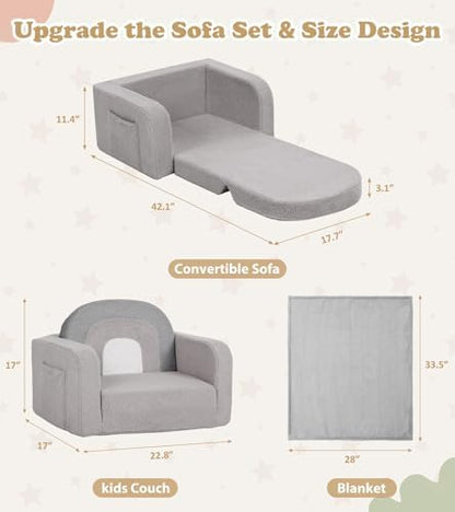 Kids Couch, 2-in-1 Soft Toddler Couch Fold Out with Blanket, Comfy Toddler Chair, Convertible Sofa, Gifts for Kids Girl Boys, Medium Grey Rainbow