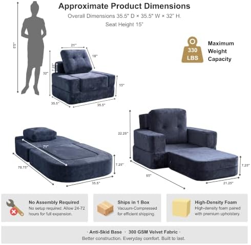 · REDEARTH · 3-in-1 Boneless Convertible Folding Floor Sofa Bed - Navy Blue