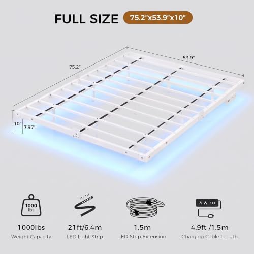 Floating Bed Frame Full Size, Smart LED Lights & Charging Station, 9.45" High Clearance, Mattress Slide Stopper, Noise-Free, No Box Spring Needed, Easy Assembly