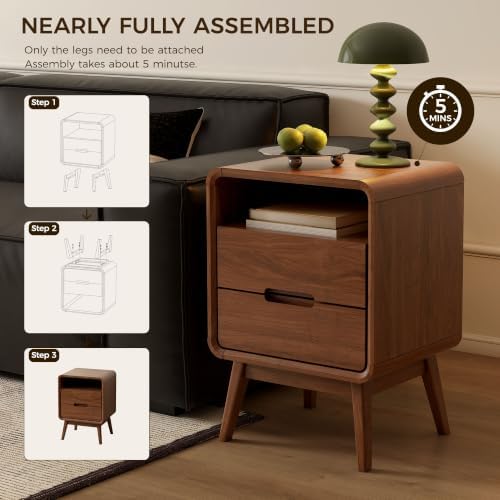 Walnut Nightstand Solid Wood Night Stand, Dark Wood Nightstands with 2 Drawers & Open Shelf, Mid Century Modern Nightstand, Wooden Bedside Table for Bedroom(Dark Black Walnut,23.23" H)