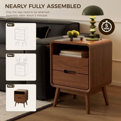 Solid Wood Nightstand, Walnut Night Stand with 2 Drawers and Open Storage, Mid Century Modern Nightstands for Small Space, Bedside Table for Bedroom, Dorm(23.23" H)