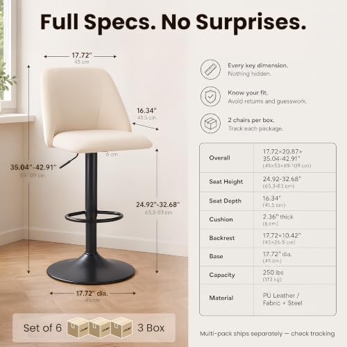 COLAMY Adjustable Upholstered Bar Stools Set of 6,360° Swivel Counter Height Chairs with Soft Cushioned Seat & Stable Metal Base for Kitchen Island,250 LBS Capacity,Easy Assembly,Beige
