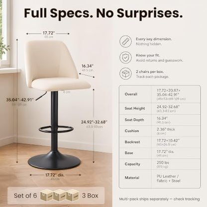 COLAMY Adjustable Upholstered Bar Stools Set of 6,360° Swivel Counter Height Chairs with Soft Cushioned Seat & Stable Metal Base for Kitchen Island,250 LBS Capacity,Easy Assembly,Beige