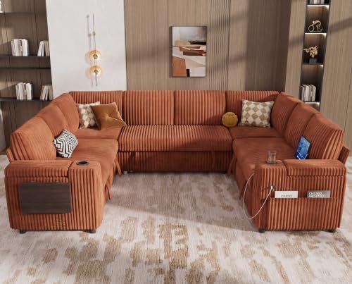 WEUP 111" Modular Sectional Sleeper Sofa with Pull Out Bed, 8 Seat Plush Corduroy U Shaped Couch with USB Ports|Cup Holders|Side Table|Storage Chaise Armrests Tool Free Assembly, Orange