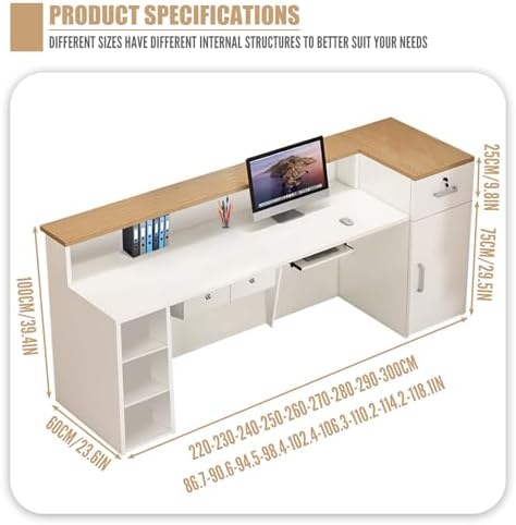 Reception Desk with Counter Modern, 35.4-118.1'', Solid Wood Ecological Board, Large Storage Space,Lockable Storage Drawers, for Salons, Offices, Lobbies, Retail Stores and Home Offices