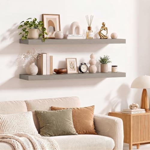 Dreamland 40 Inches Wall Mounted Wood Floating Shelves, Grey, 2 Pack