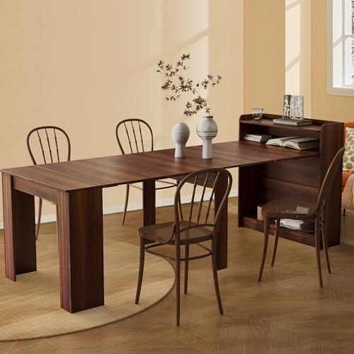 21''- 98.43'' Extendable Dining Room Table, Expandable Dining Table, Modern Large Table, for 2-9 Person(with Shelf), Walnut Brown