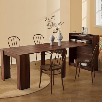 21''- 98.43'' Extendable Dining Room Table, Expandable Dining Table, Modern Large Table, for 2-9 Person(with Shelf), Walnut Brown