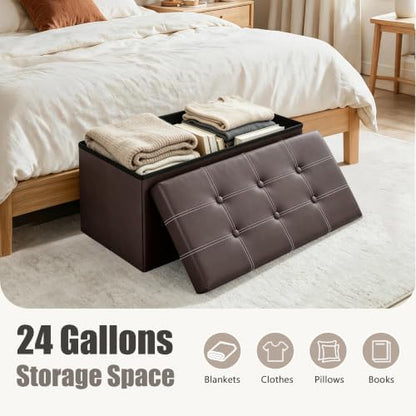 30 Inches Folding Storage Ottoman Bench, Faux Leather Footstool Ottoman, Storage Trunk Footrest for Bedroom, Living Room and Hallway, Support 350lbs, Brown (White line)