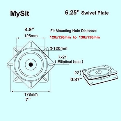 MySit 2 PCS 6.25" Heavy Duty Bar Stool Swivel Plate Replacement, Square Swivel Mechanism for Recliner Chair or Furniture - Ball Bearing Swivel Boat Seat