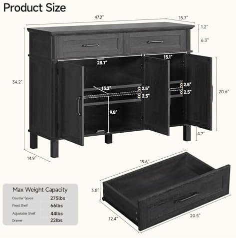 48 Inch Sideboard Buffet Cabinet with Storage,Black