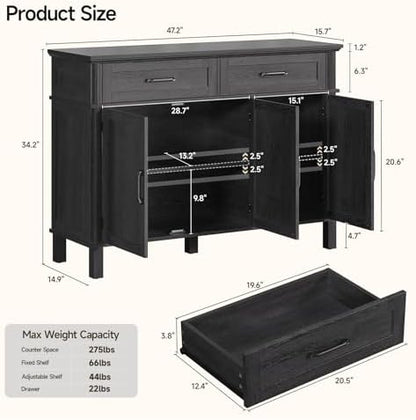 48 Inch Sideboard Buffet Cabinet with Storage,Black