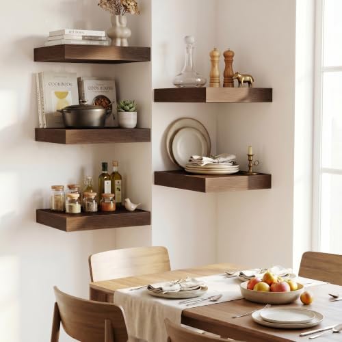 Wood Floating Shelves 16 Inch, 12 Inch Deep Shelves Wall Mount, Wall Shelves with Invisible Bracket, 16" Floating Shelves for Living Room Bathroom Bedroom, Walnut, Set of 2