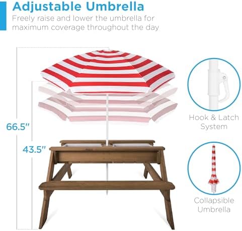 Best Choice Products Kids Picnic Table with Umbrella, 3-in-1 Sand & Water Table, Outdoor Convertible Picnic Table for Toddlers, Seats 4, Removable Top, 2 Buckets - Red