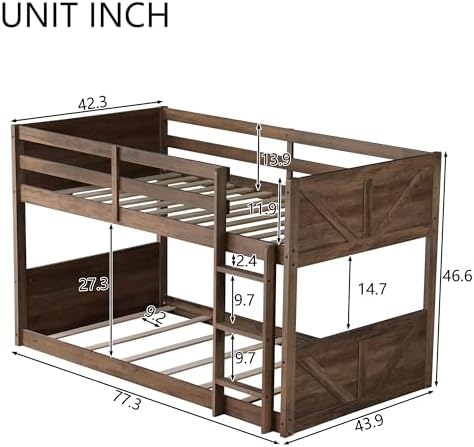Merax Twin Over Twin Bunk Bed with Panelled Headboard and Footboard, Floor Solid Rubber Wood Foundation with Safety Guardrails, Built-in Ladder, Antique Oak