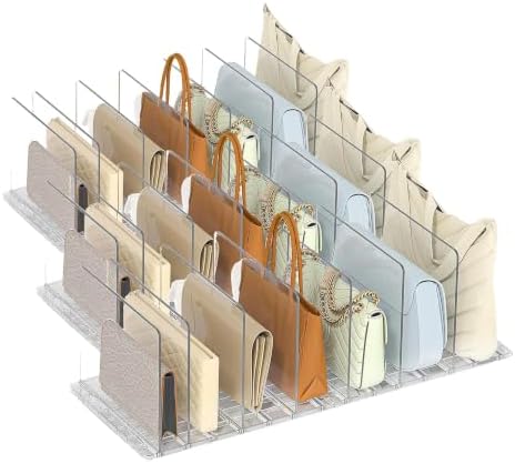 Bag & Purse Organizer for Closet: Adjustable Clear Handbag Storage Shelf - Plastic Clutch Dividers for Closet Organizers and Storage - Keep Carteras & Pocketbook Upright (Pack of 3)