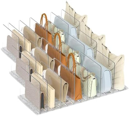 Bag & Purse Organizer for Closet: Adjustable Clear Handbag Storage Shelf - Plastic Clutch Dividers for Closet Organizers and Storage - Keep Carteras & Pocketbook Upright (Pack of 3)