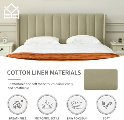 YUHUASHI Full Bed Frame，Platform Bed with Upholstered Headboard，Beige