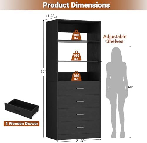 Aheaplus Closet Drawers System, 21.3" Wood Closet Organizer System, Black