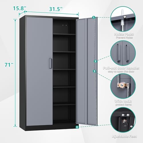 SISESOL Metal Storage Cabinet with 5 Adjustable Shelves,Garage Storage Cabinet with Lock,Metal Cabinets with Locking Doors,71" Lockable Tool Cabinets for Home,Office,Shop,Garage