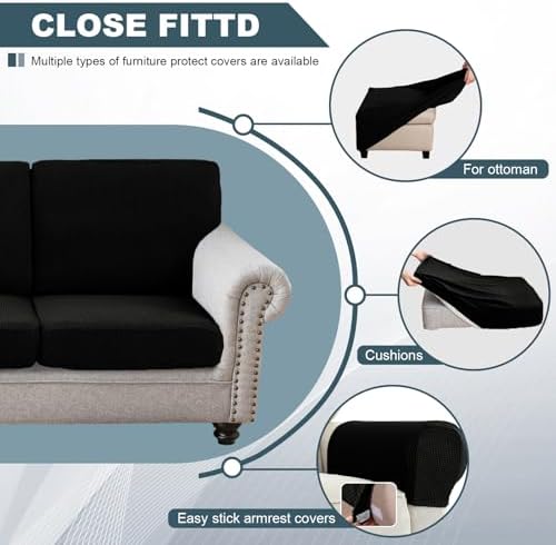 UNBBRRL Seat Cushion Cover and Back Covers for Corner Sofa Stretch Jacquard, Non Slip L Shaped Sofa Slipcover with Storage Ottoman, Sectional Couch Cover for Chaise Lounge (Black,31 x 73 x 6”)