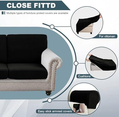 UNBBRRL Seat Cushion Cover and Back Covers for Corner Sofa Stretch Jacquard, Non Slip L Shaped Sofa Slipcover with Storage Ottoman, Sectional Couch Cover for Chaise Lounge (Black,16 x 30 x 6”)