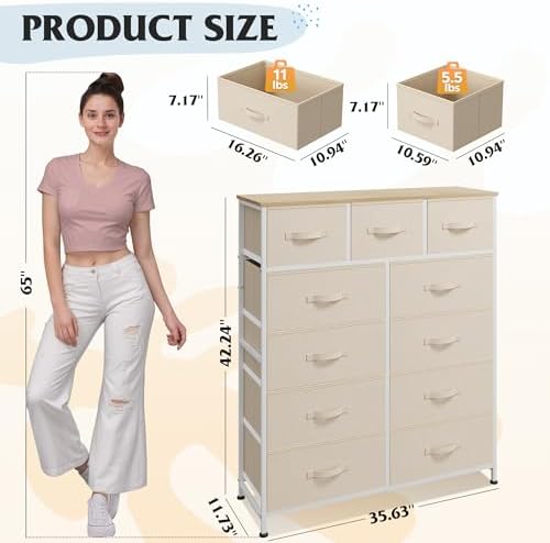 WLIVE Tall Dresser for Bedroom, 11 Drawer Chest of Drawers, Cream White