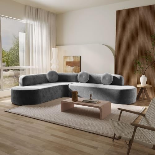 122'' Extra Large Sectional Sofa, Fully Compressed Sponge, Elegant Curved Design with Three Round Cushions, Soft Fabric Upholstery, High-Resilience Foam for Ultimate Comfort, Grey