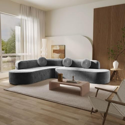 122'' Extra Large Sectional Sofa, Fully Compressed Sponge, Elegant Curved Design with Three Round Cushions, Soft Fabric Upholstery, High-Resilience Foam for Ultimate Comfort, Grey