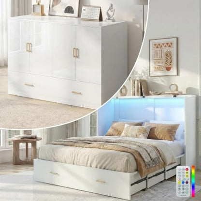 Mjkone Murphy Cabinet Bed No Mattress, Queen Size White