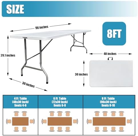 Folding Table 8ft, Heavy Duty Foldable Plastic 8 Foot Banquet Table