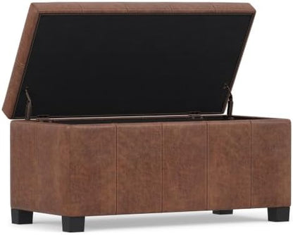 SIMPLIHOME Dover 36" Wide Vegan Leather Storage Ottoman in Brown