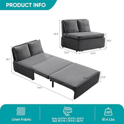 BALUS 2 in 1 Twin Size Sleeper Chair Pull Out Sofas Couch with Pullout Beds, 43" W Convertible Guest Sleepers Chair Bed Sofabed with Pillows and Mattress for Living Room Apartment Loft, Dark Grey